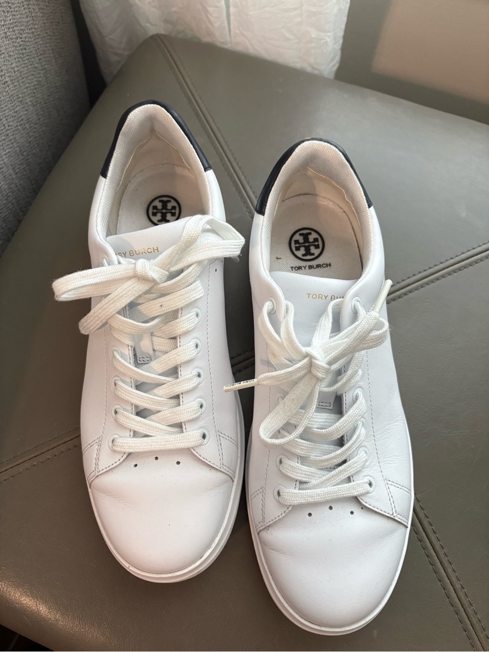 Tory Burch White Leather Sneakers with Black Heel Detail
